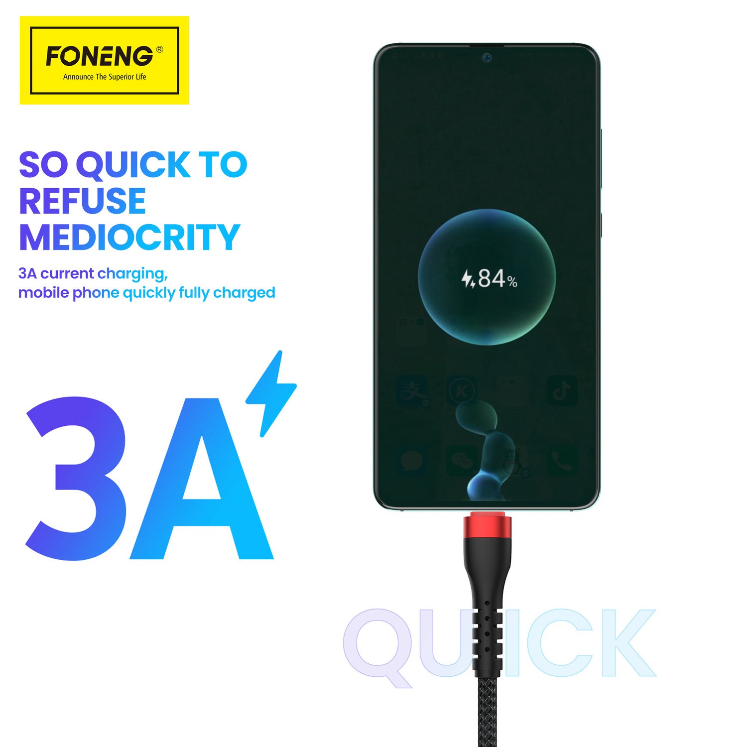 Cablu Foneng USB-Lightning, 3A, 1M Negru - 2 | YEO